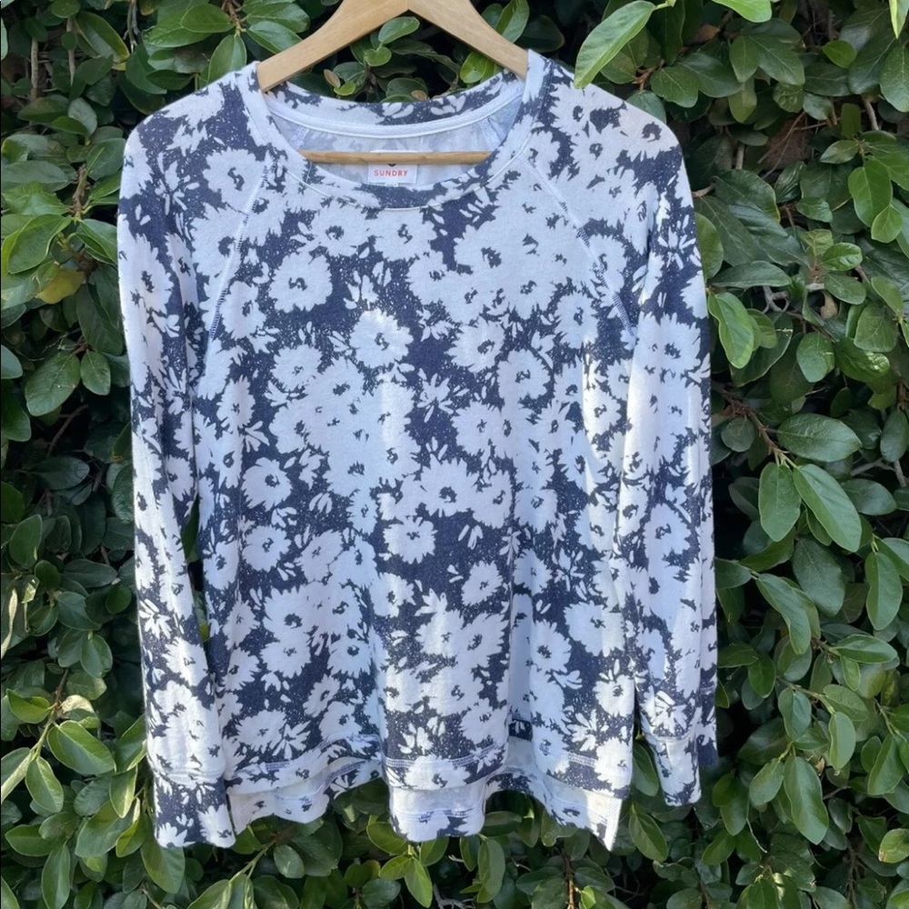 Sundry Blue and White Floral Sweater